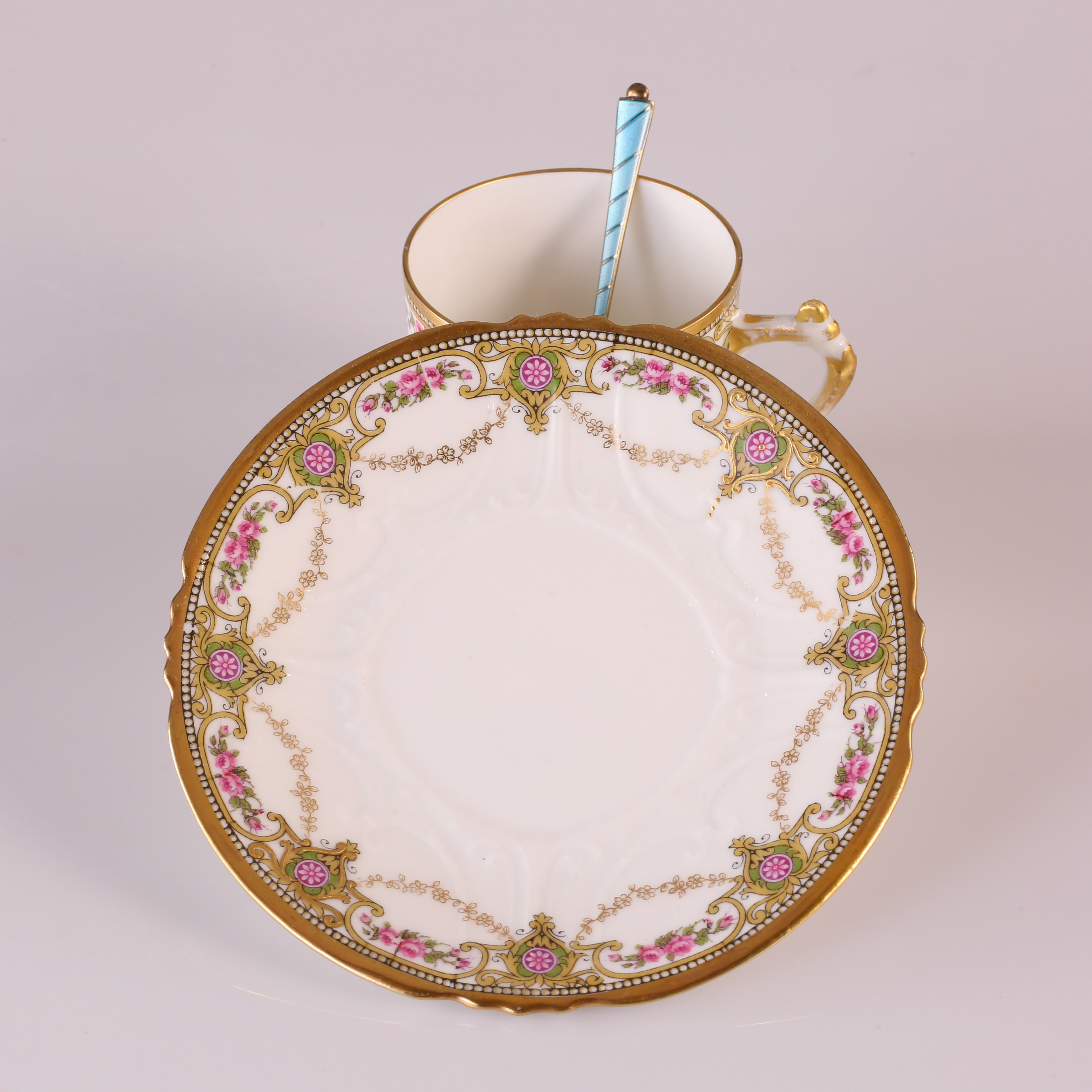 英国纯银鎏金珐琅古董小勺6只19世纪法国描金花草红茶杯6套（含杯托 